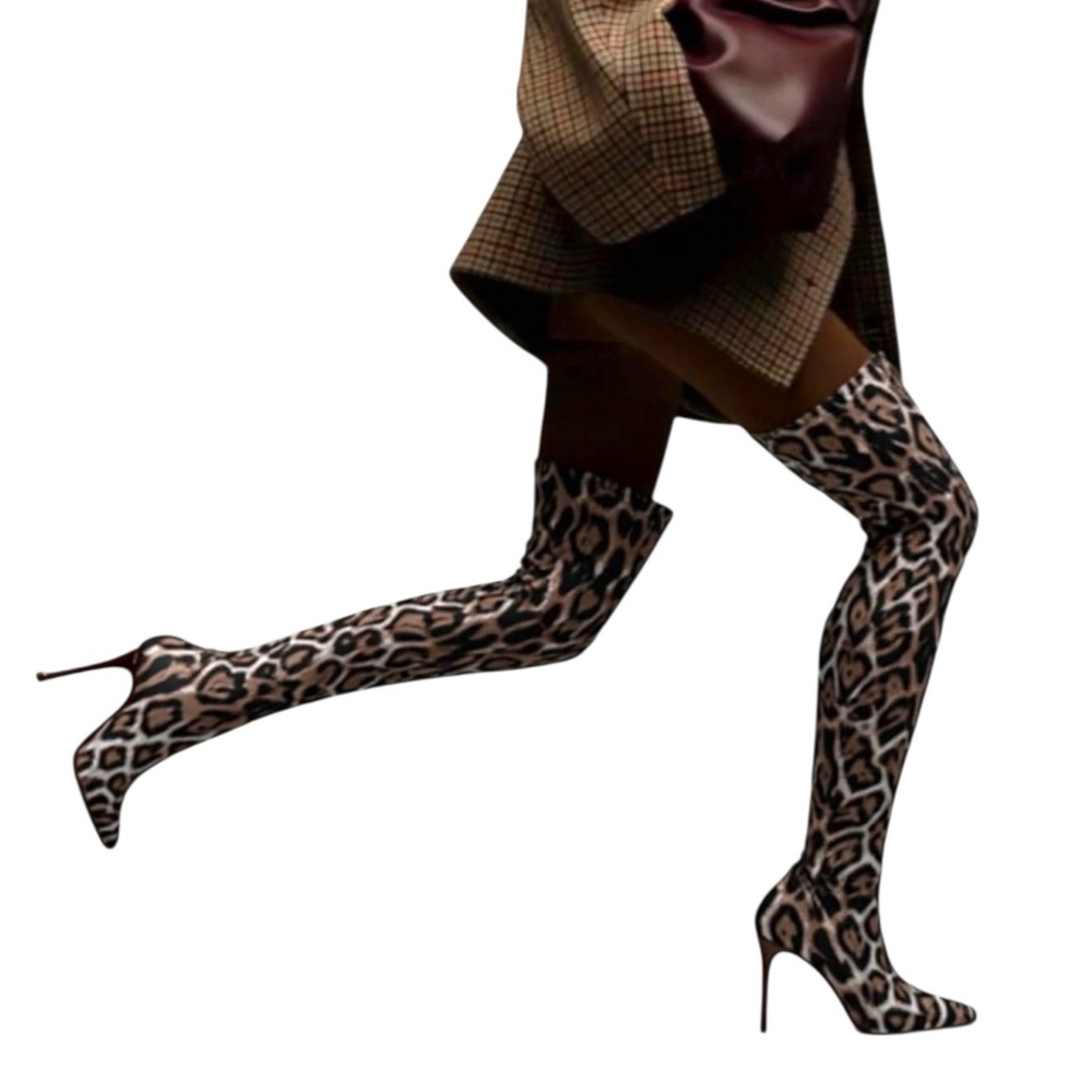NEWBELLA Stretch Leopard Print Over-the-Knee Pointed Toe Stiletto Boots Size 6 - Picture 3 of 15